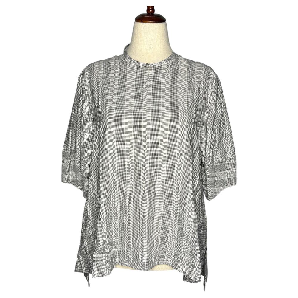Lara Krude Women's Blouse Size XS Gray Check Stripe Cotton Artisan Lagenlook